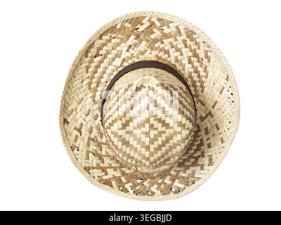 Top view of classic straw hat with brown ribbon isolated on white background Stock Photo