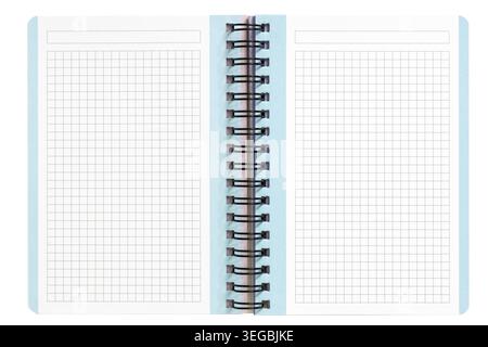 Open spiral notebook with blank grid pages isolated on white background. template mockup Stock Photo