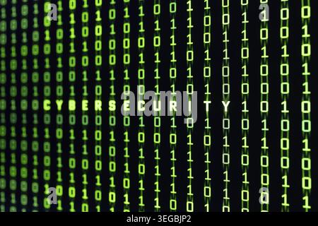 Cyber security concept. Cybersecurity word on binary code background of a computer screen Stock Photo
