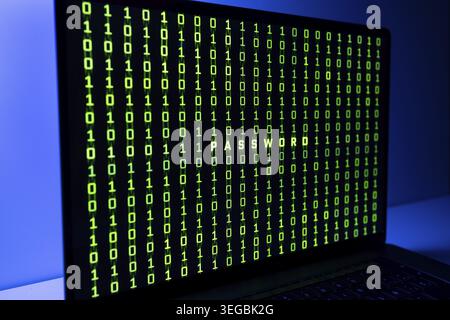 Binary code and Password word background on laptop computer screen Stock Photo
