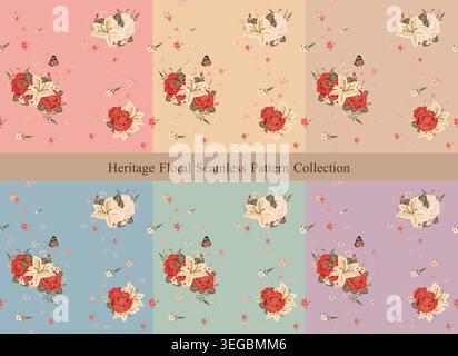 Heritage floral seamless pattern collection with elegant rose and lily bouquets, vintage botanical backgrounds for wallpaper, fabric, print pattern. Stock Vector