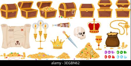 Treasure chest. Open or closed wooden boxes filled with gold coins and diamonds. Corsair map. Empty and full medieval crates containing precious Stock Vector