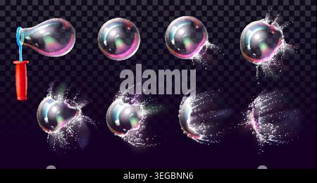 Stages of creating and popping soap bubble. Realistic rainbow ball bursts with splashes in every frame. Blowing foam with stick. Explosion animation Stock Vector