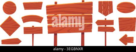 Wooden planks. Rustic retro style road signs. Vintage blank billboards. Cartoon signboards. Wood banners with textured panel. Directional arrow Stock Vector