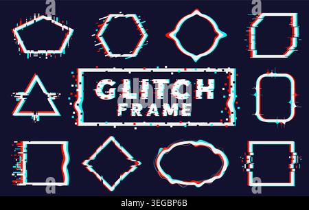 Trendy frames with glitch effect. Borders of various shapes distorted white ovals, squares and triangles. Visual noise. Cyber dynamic distortion Stock Vector