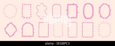 Crayon pink chalk wavy scribble texture doodle curly borders collection. Wiggle, scalloped curly wedding decor. Elegant classic frames set decorations with zigzag and whimsy edges. Vector illustration Stock Vector