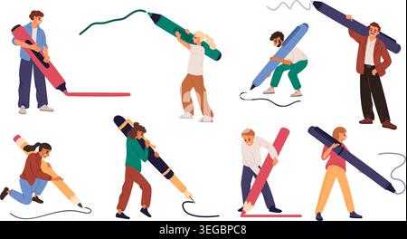 Tiny people hold large pens and pencils in hands. Office stationery. Men and women write. Businesspeople draw with ballpoints. Designers and Stock Vector