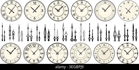 Vintage style watch dials. Retro clock pointers. Roman numerals. Elegant antique designs. Timepiece faces. Antique hour or minute hands. Mechanical Stock Vector