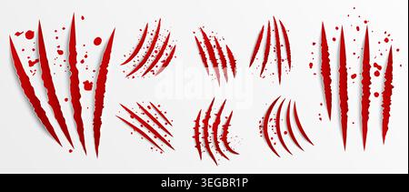 Scratches from red claws. Abstract images of bloody injuries. Bear talons marks from wild animals. Rough tears in paper. Realistic beast shred attack Stock Vector