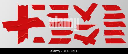 Red adhesive tape. Realistic scotch strip. Vibrant bandage elements for packaging. Torn sticky ribbons with frayed edges and creases. Note fix paper Stock Vector