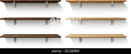 Realistic wooden store shelves made of light and dark wood. Shelving units shown from various view angles. 3D exhibition stand. Home or office Stock Vector