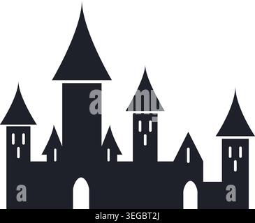 Simple illustration of a black fantasy castle with pointed towers arched doorways and a strong fortress shape. Stock Vector