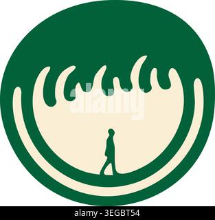 Simple illustration of a small person walking inside a round green forest tunnel with curved leafy shapes overhead. Stock Vector