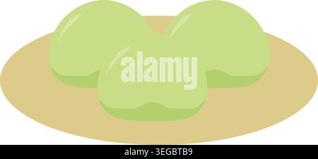 Simple illustration of three light green sweet dumplings grouped on a beige plate. Stock Vector
