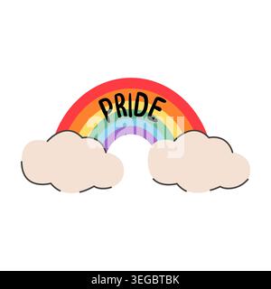 Hand-drawn rainbow with clouds and pride text isolated on white. Playful retro aesthetic graphic for LGBTQ pride month, queer joy, and inclusive socia Stock Vector