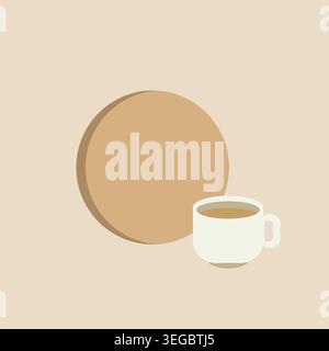 Simple illustration of a round beige cookie beside a small white tea cup on a warm neutral background. Stock Vector