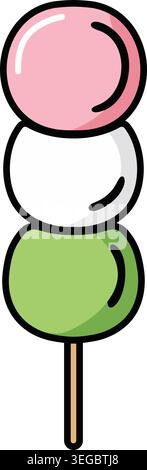 Simple illustration of three round dumplings in pink white and green stacked vertically on a wooden skewer. Stock Vector