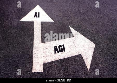 AI and AGI concepts. words written on a road sign with arrows indicating different paths indicating the disjunction between the two concepts. Stock Photo