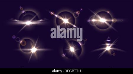 Realistic sun glare. Abstract optical flare. Shining rays. Circular flash of light. Bokeh glints. Eclipse with star twinkles. Universe spotlight Stock Vector