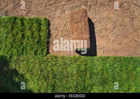Gardening. Making a lawn from a roll. Green grass texture - well-groomed turf in the garden. View of the garden from above. Stock Photo