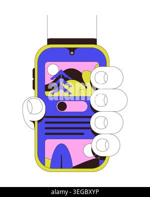 Showing phone in portrait mode with app interface neubrutalism instruction graphic Stock Vector