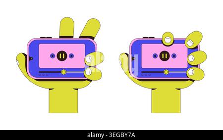 Holding phone with fingers in landscape mode neubrutalism instruction graphic Stock Vector