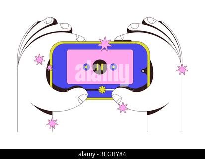 Hands holding horizontal phone with media player neubrutalism instruction graphic Stock Vector