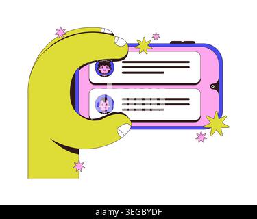 Holding phone horizontally with chat interface neubrutalism instruction graphic Stock Vector