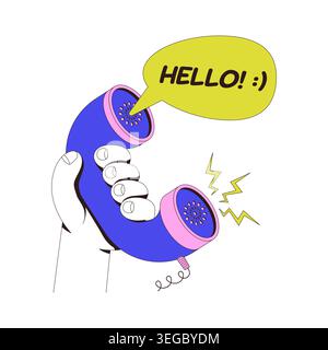 Retro telephone handset with hello speech bubble neubrutalism onboarding illustration Stock Vector