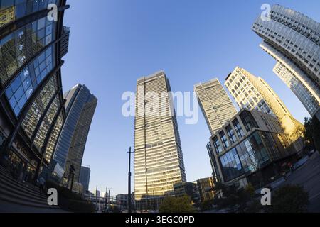 Shanghai, China. January 10, 2025. panoramic view from below of modern skyscrapers in the city center Stock Photo