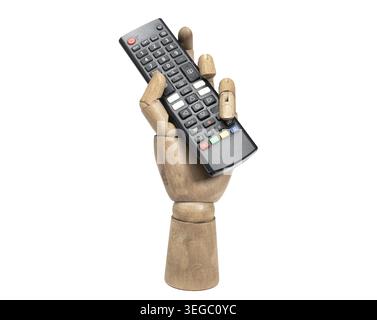 A remote control in the wooden hand on a white background Stock Photo