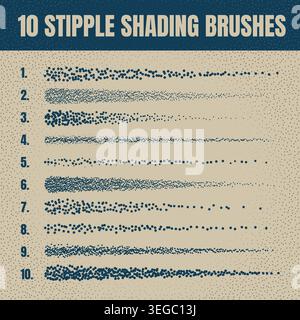 Ink scatter brush, stipple drawing and texturing. Fading gradient. Stippling, dotwork drawing, shading using dots. Halftone disintegration effect Stock Vector