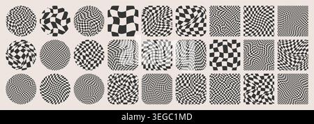 Groovy checkered pattern, colorful tiled grid. Vintage wavy curved backdrop, distortion effect. Funky geometric chessboard texture, retro background Stock Vector