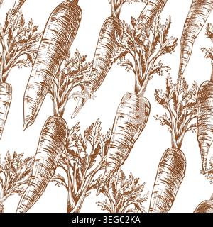 Hand drawn carrot seamless pattern illustration. Sketch of raw vegetables with foliage in ink line art style. Repeating background for farm market Stock Vector