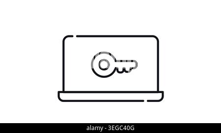 Laptop system access and digital key icon: portable notebook computer with key symbol on screen, minimalist black line art vector illustration. Stock Vector
