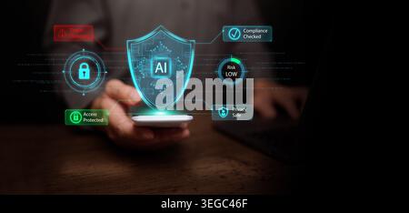 Businessman holding phone with AI cybersecurity shield, threat detected alert, access protected, privacy safe, compliance checked, low risk data prote Stock Photo