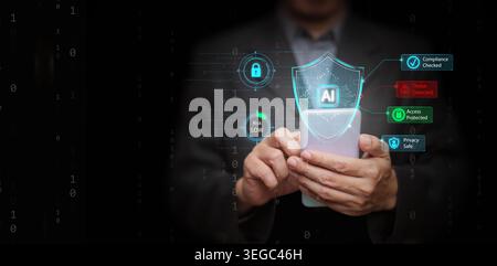 Businessman using smartphone with AI cybersecurity shield, threat detected alert, compliance checked, access protected, privacy safe, low risk indicat Stock Photo