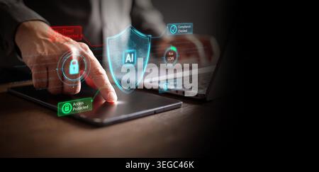 Businessman using tablet with glowing AI cybersecurity shield, threat detected alert, access protected, privacy safe, compliance checked, low risk dat Stock Photo