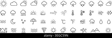 Vector Weather Forecast Line Icon Set with Meteorology Symbols Stock Vector