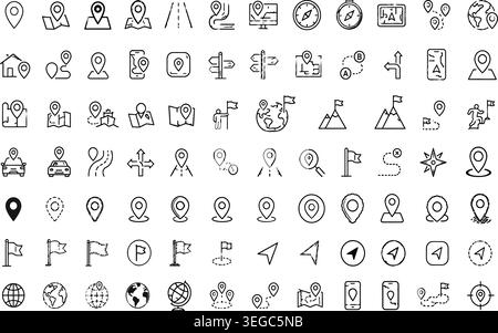 Navigation, Map Location, and GPS Travel Line Icons Vector Set Stock Vector
