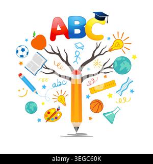 Education tree concept with pencil and school supplies. Graduation design for Class of 2026 or Back to school with book, paint, DNA, apple, ruler Stock Vector