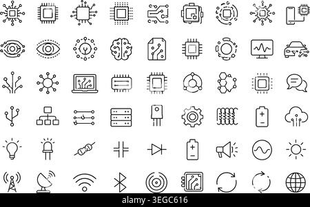 Technology, Electronics, and Microchip Line Icons Vector Set Stock Vector