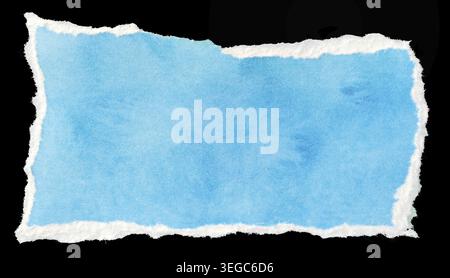 Ripped blue paper note message template isolated on black background Stock Photo