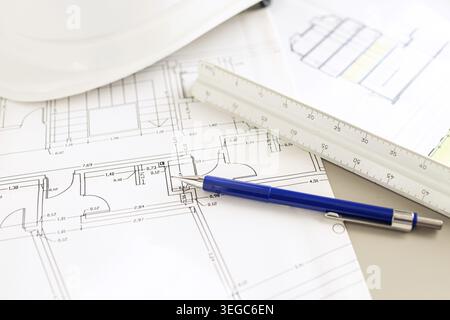 Architecture plans and architect supplies background. Selective focus Stock Photo