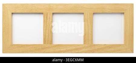 Three slot photo frame with blank spaces for pictures or text isolated on a white background. Wooden photo frame Stock Photo