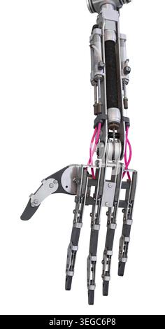 Robot arm and hand with five fingers isolated on white background. Robotic technology Stock Photo