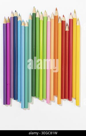 Variety of Colored pencils isolated on light gray background Stock Photo