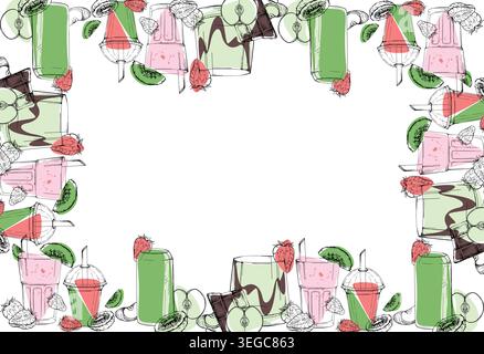 Detox fruit drink frame with kiwi, apple and strawberry beverages, berry milkshakes. Hand drawn ink vector. Produce signage, farmers stall boards Stock Vector
