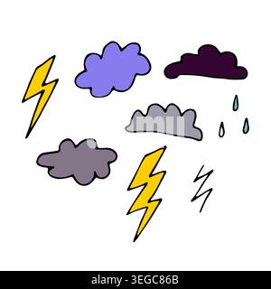 Doodle weather icons set. Hand drawn clouds, lightning and rain isolated on white background. Storm symbols for forecast, apps, stickers and prints, H Stock Vector
