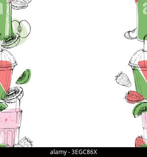 Seamless fruit smoothie strip with kiwi, apple and strawberry detox drinks in plastic cups. Hand drawn ink vector. Market stall signage, produce crate Stock Vector